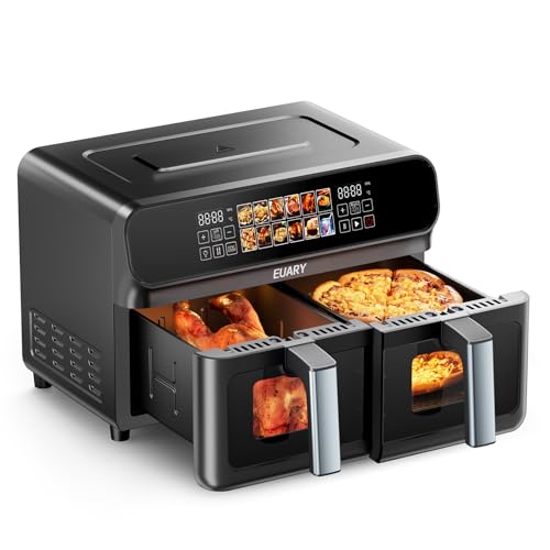 9L Heißluftfritteuse mit Sichtfenster 2 Kammern 2800W XXL, Airfryer Dual 2 Kammern Friteuse Doppel Dual Zone Heißluftfritteuse Groß Doppelkammer Air Fryer Groß