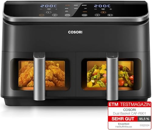 COSORI Heißluftfritteuse 2 Kammern Airfryer, 8-in-1 Dual Zone Air Fryer XXL 8,5 L, Heissluftfritteuse Doppelkammer mit Sichtfenster für ausgewogene Mahlzeit, 50 Rezepte, energiesparend, 1-5 Personen