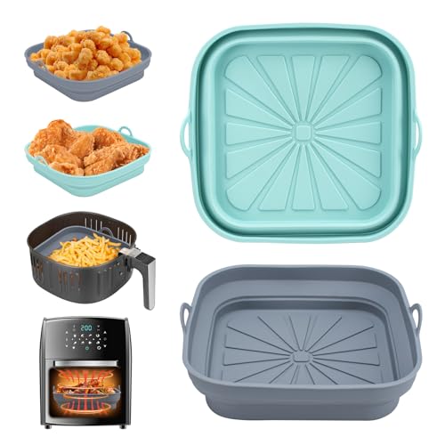 Alyvisun Silikonform für Heißluftfritteuse 2 Stück Airfryer Silikon Backform Wiederverwendbar Silikoneinsatz Zubehör Quadratisch Silikonmatte Pot Liner für Air Fryer, Mikrowelle, Ofen, Blau+Grau