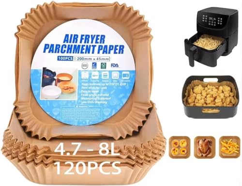 Backpapier für Heißluftfritteuse, 120 StückAirfryer Backpapier 20-24cm, Antihaft Wasserdicht Ölfest Einwegschalen Pergamentpapier Liner für 4.7-8L Bratpfanne Ofen Mikrowelle… (120pcs4.5-8l)