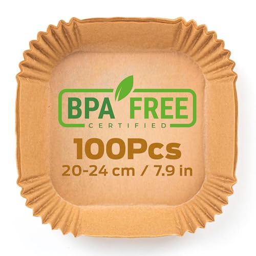 PORTENTUM Backpapier für Heißluftfritteuse 100 Stück BPA-frei, 20-24 cm, Airfryer Backpapier Antihaft Wasserdicht Ölfest Einwegschalen Luftfritteuse Pergamentpapier Liner für 4.7L - 7.3L2, Quadrat